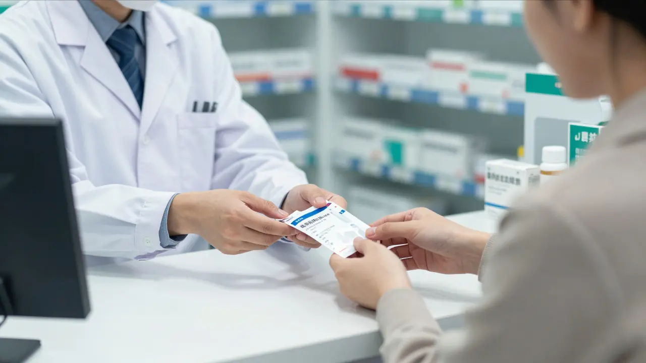Pharmacist handing over a prescription bag at a legitimate pharmacy counter