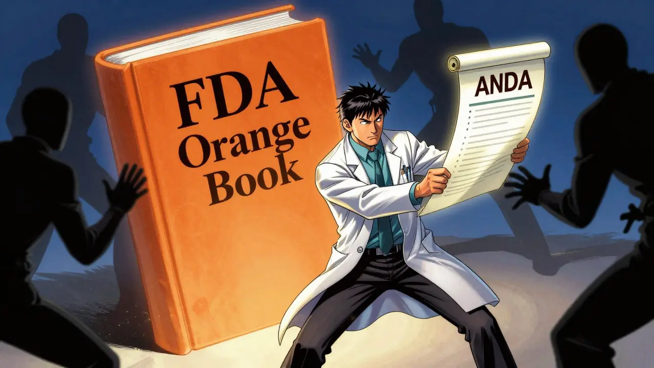 Researcher holding ANDA document facing the FDA Orange Book