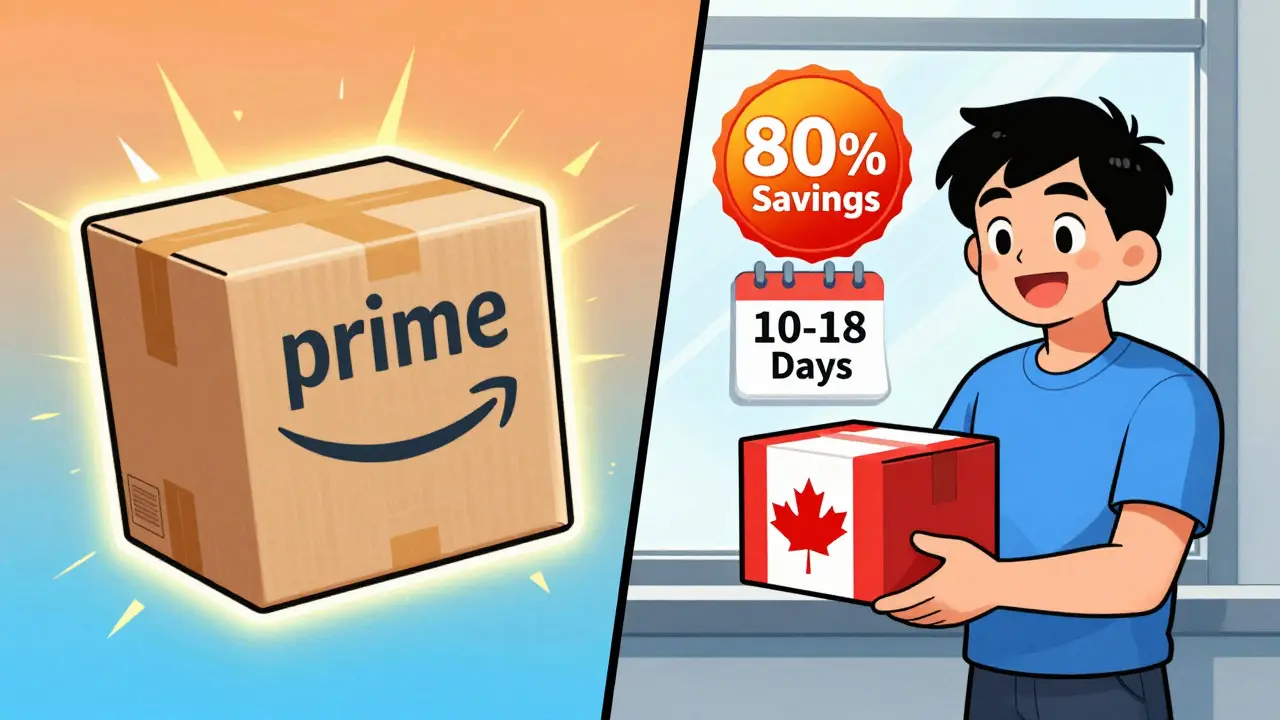 Split view comparing fast US delivery vs slow but cheap Canadian shipping.