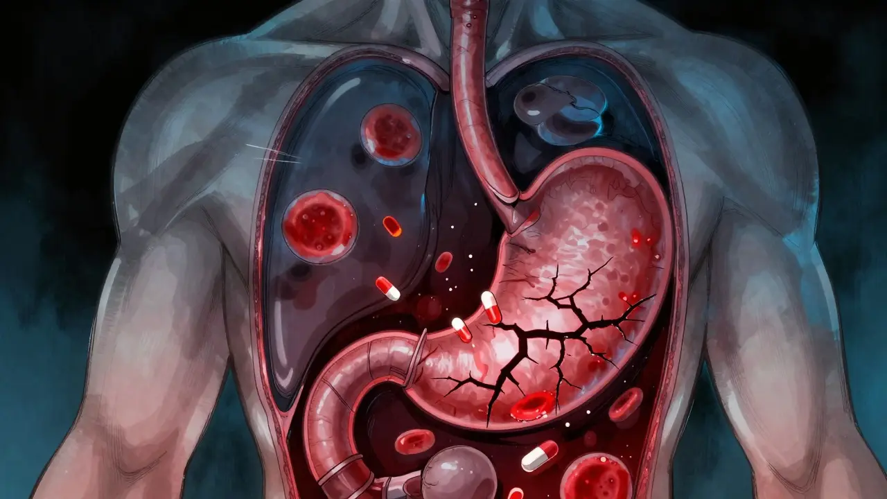 Stylized cross-section showing stomach damage and unclotted blood