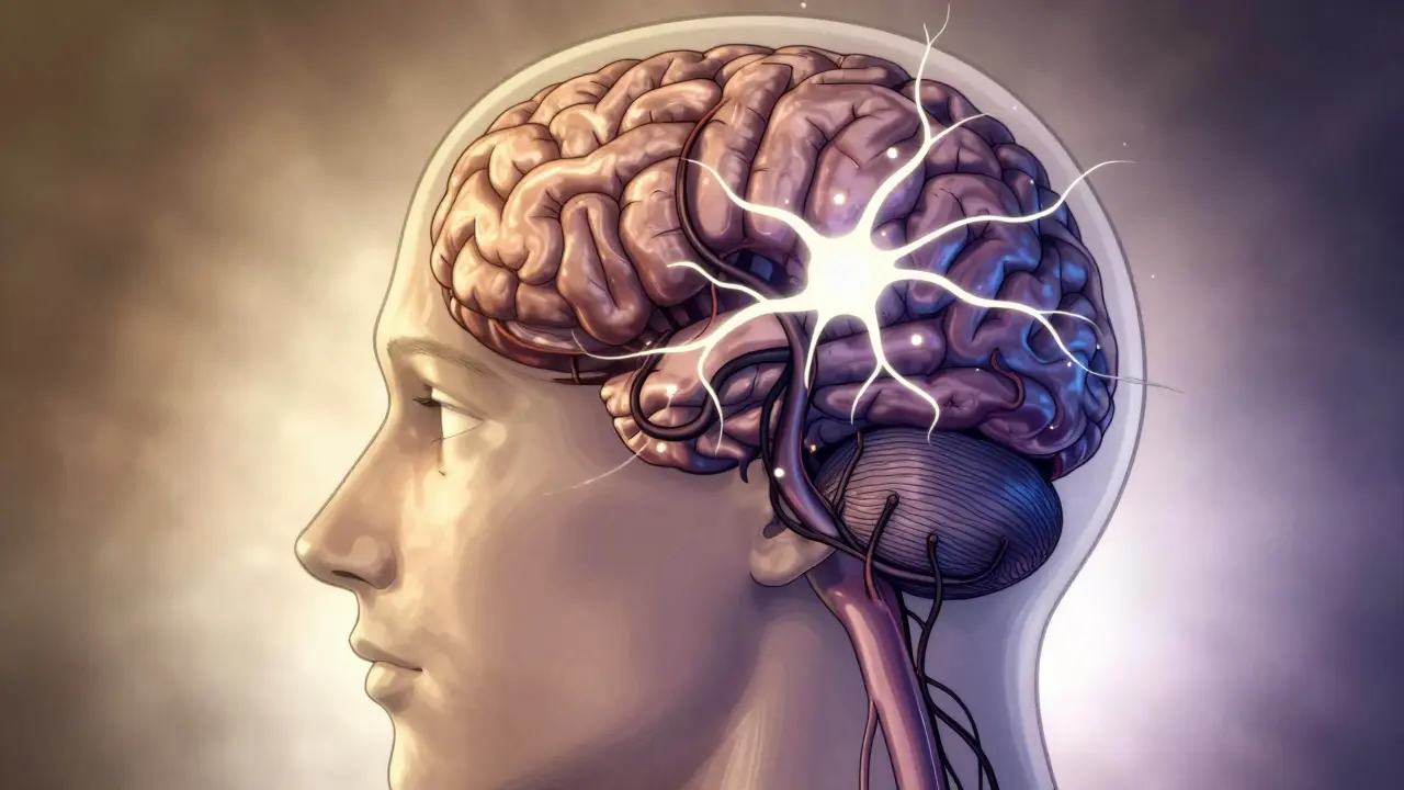 Transparent head showing blocked brain receptors and shrinking neurons in Manhua style