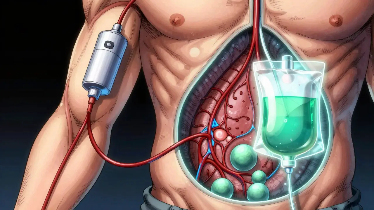 Abstract view of blood filtration via machine vs abdominal membrane