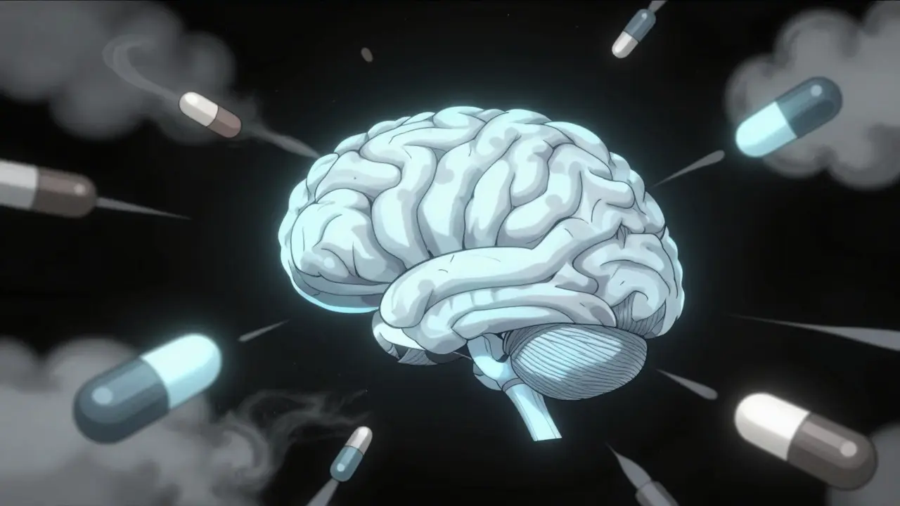 Conceptual art showing pills blocking neural pathways in a stylized brain.
