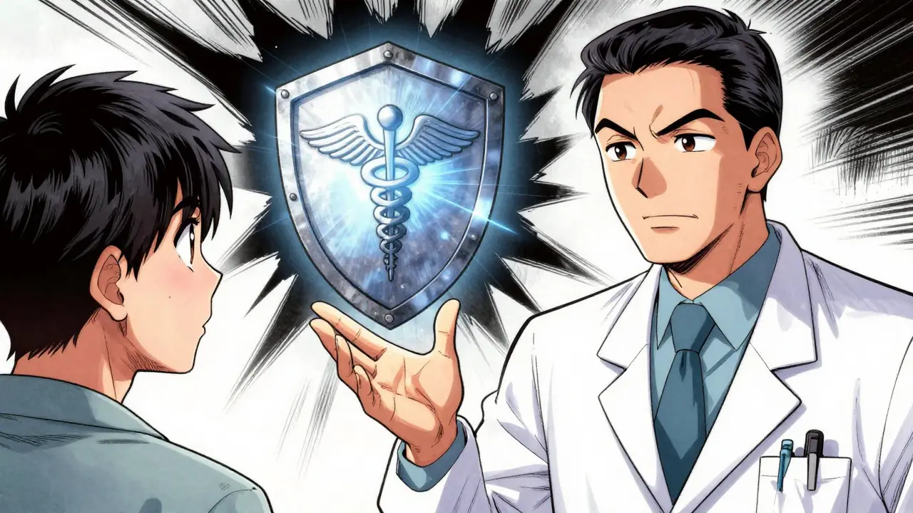 Doctor reassuring patient, shielding them from nocebo effects