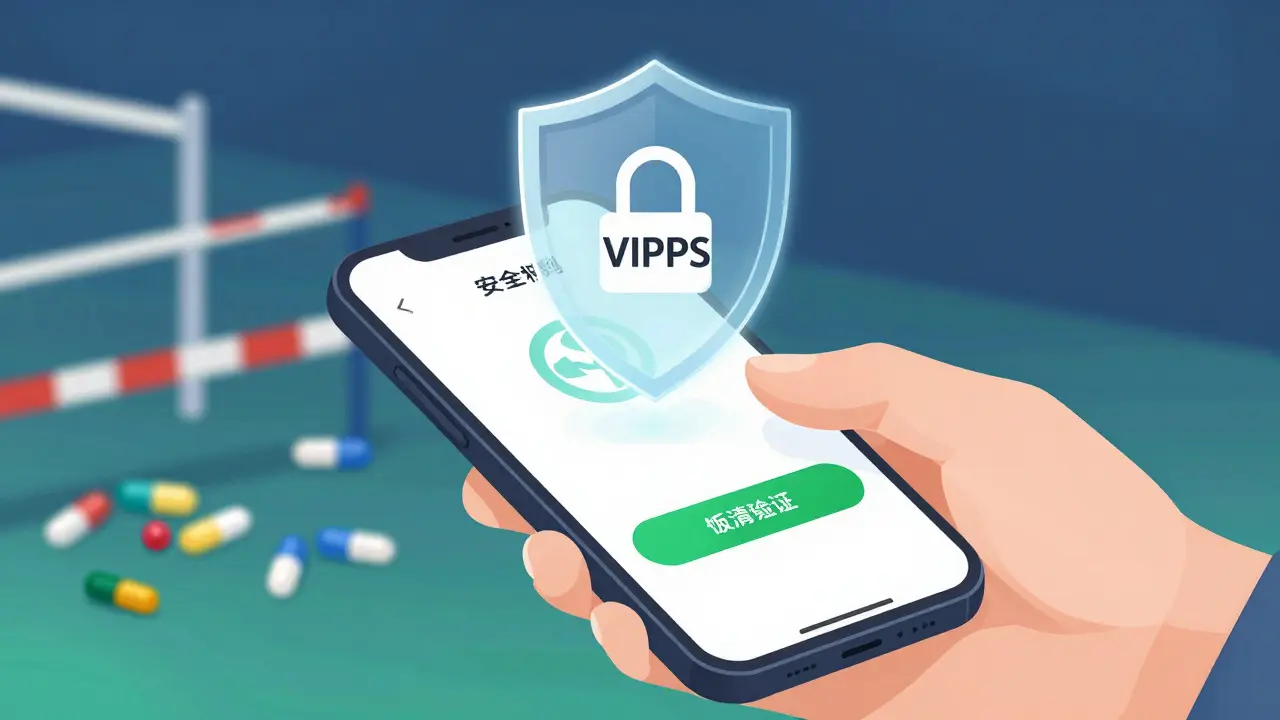 Hand confirming secure online medication order with safety shield icon