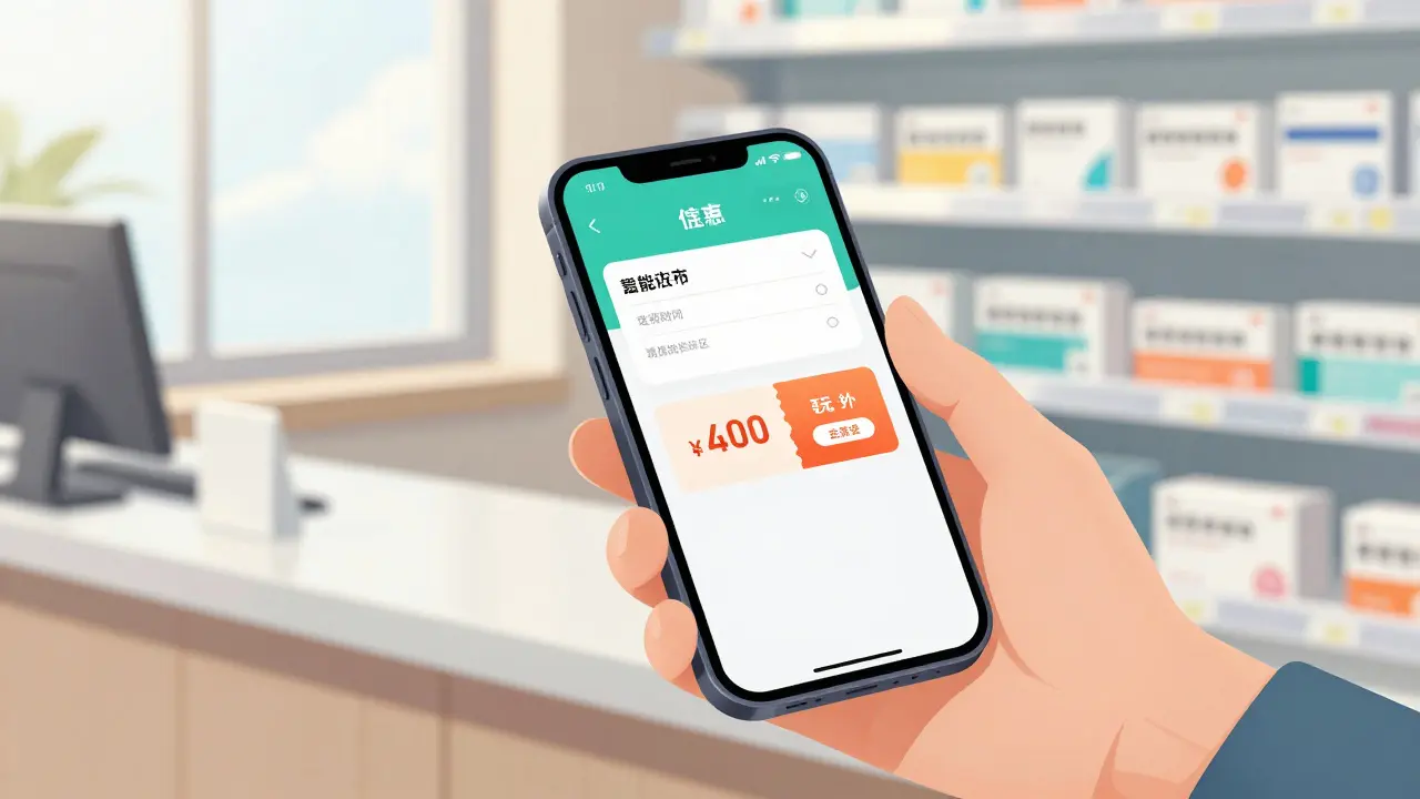 Hand holding phone with digital prescription and discount at pharmacy