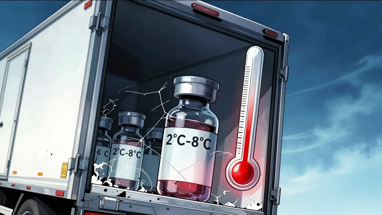 Manhua illustration showing cold chain breach damaging medicine vials in truck