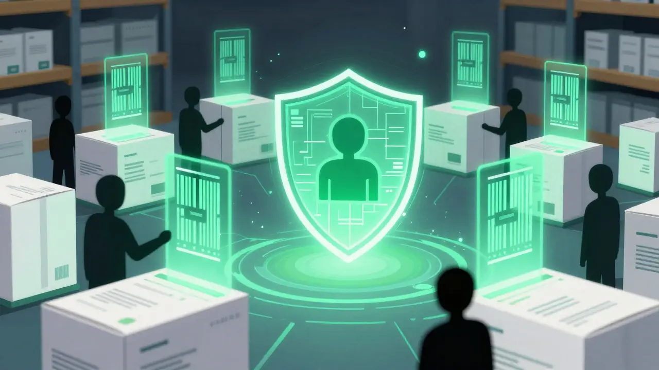 Manhua style image of blockchain tech scanning meds to prevent counterfeits