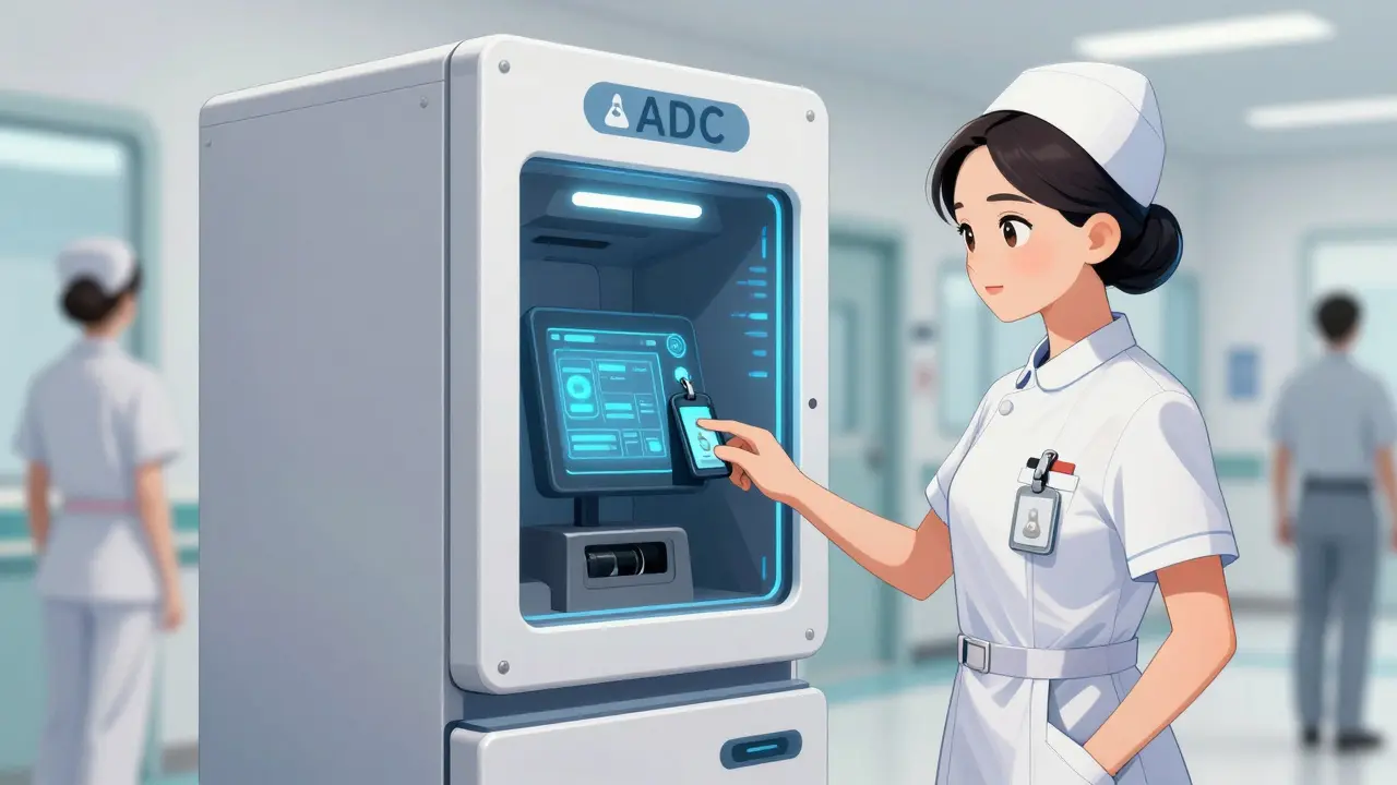 Nurse using biometric scan on automated dispensing cabinet