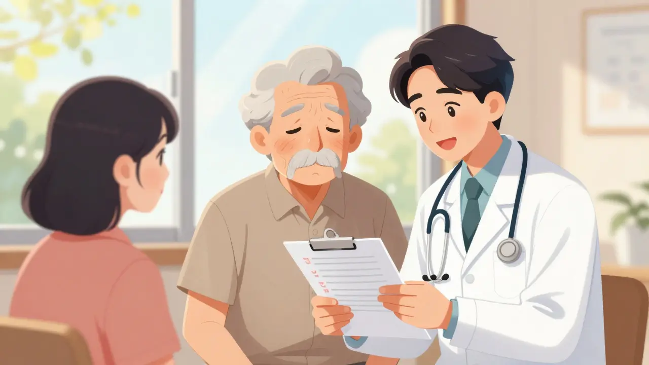 Senior smiling with a caregiver while reviewing a health checklist in sunlight.