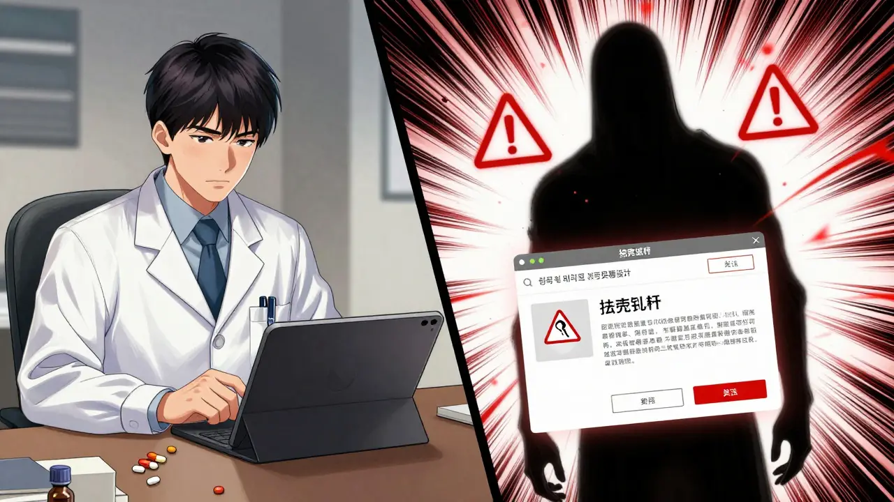 Split screen comparing safe telehealth doctor vs dangerous fake pill site