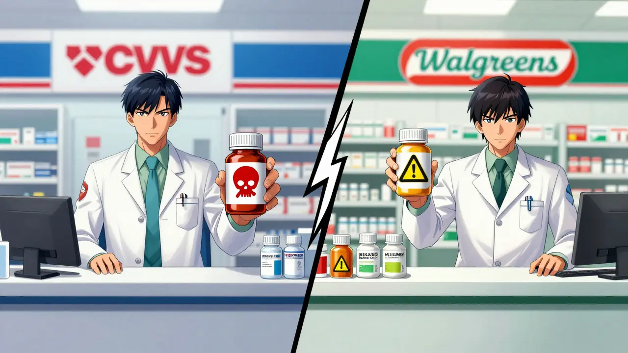 Split view showing different pharmacy chains using conflicting warning icons