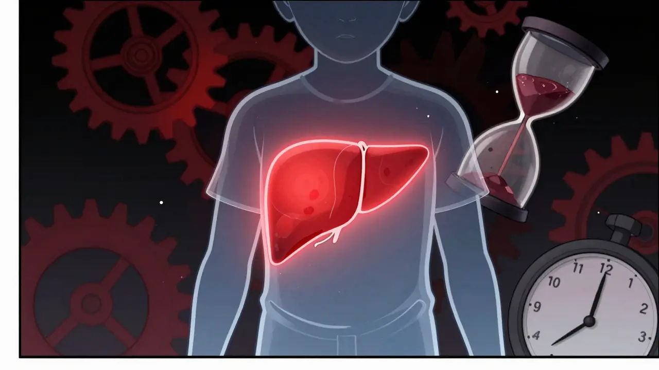 Stylized graphic showing silent liver damage in child