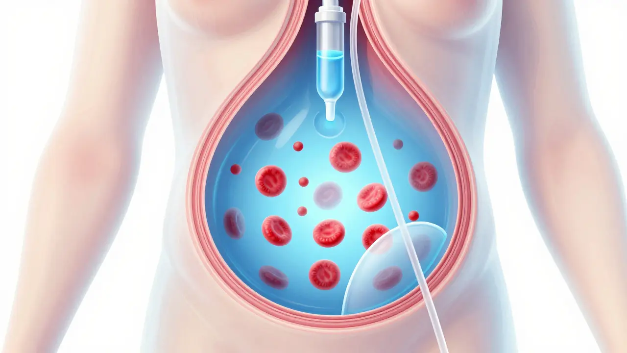 Stylized internal view of peritoneal dialysis filtering blood in abdomen