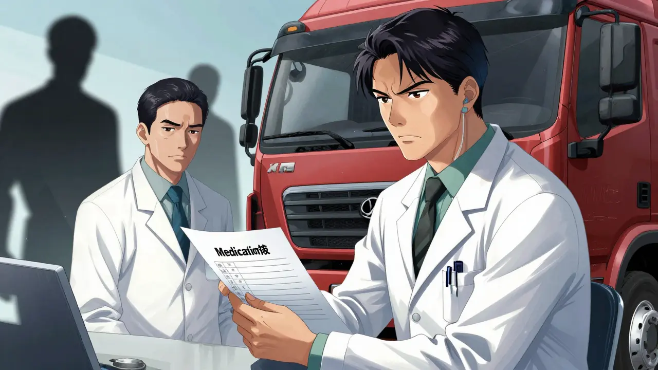 Tense medical exam scene with driver and examiner reviewing forms
