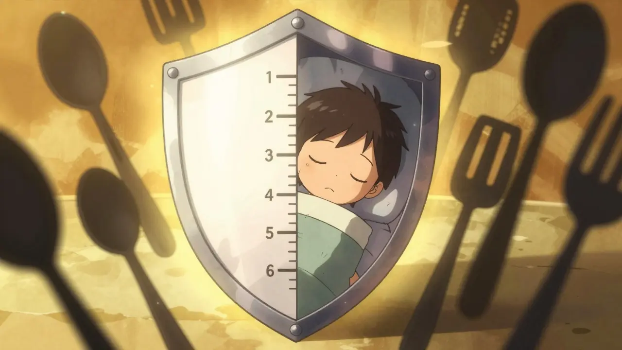 A glowing shield of measurement marks protects a sleeping child from shadows.