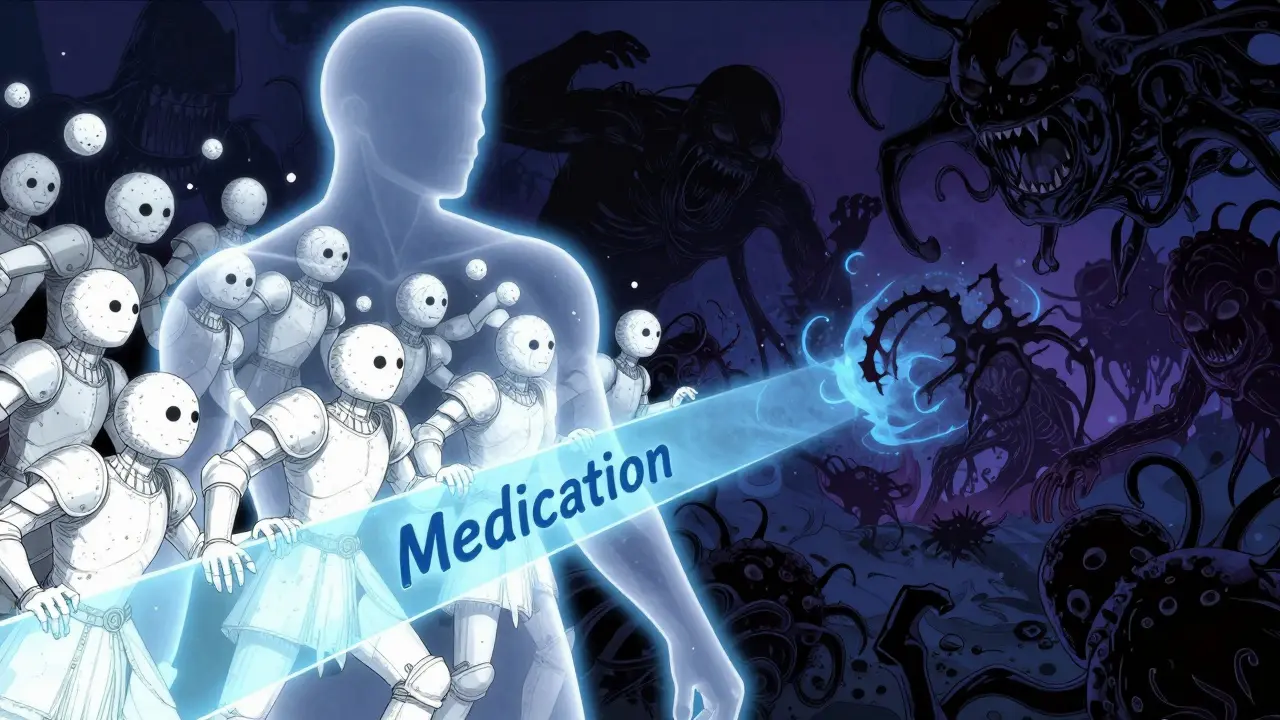 Artistic view of immune cells blocked by medication barrier