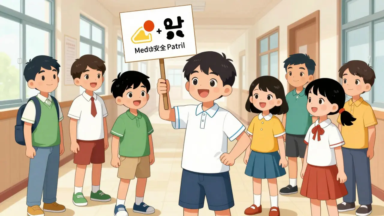 Children learning about medication safety in a school hallway