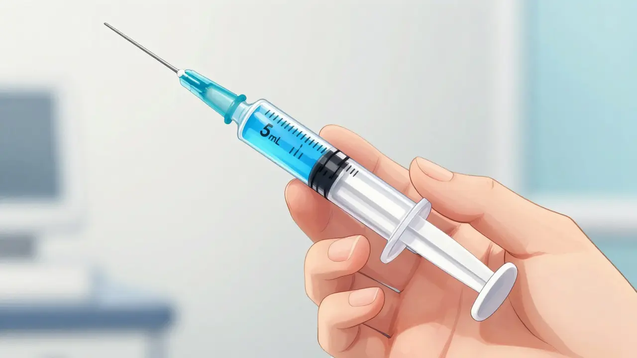 Close-up of an oral syringe filled with medicine at the exact 5 mL mark.