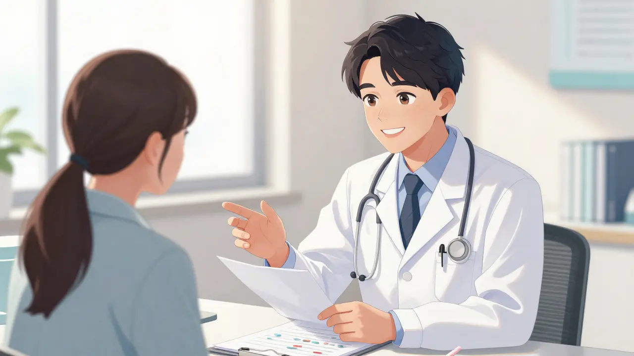 Doctor consulting with patient in a sunny, professional medical office.