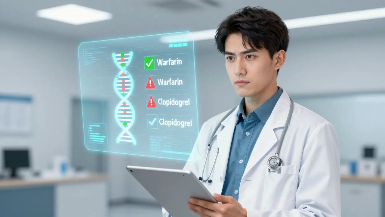 Doctor reviewing holographic genetic drug interaction report