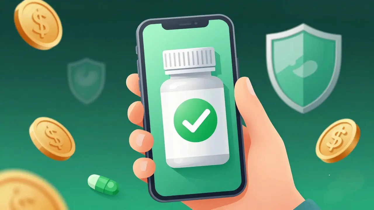 Hand holding phone showing discounted generic antibiotics