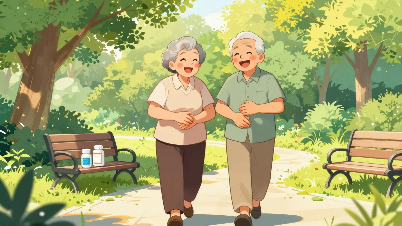 Happy couple walking in park after finding affordable medicine