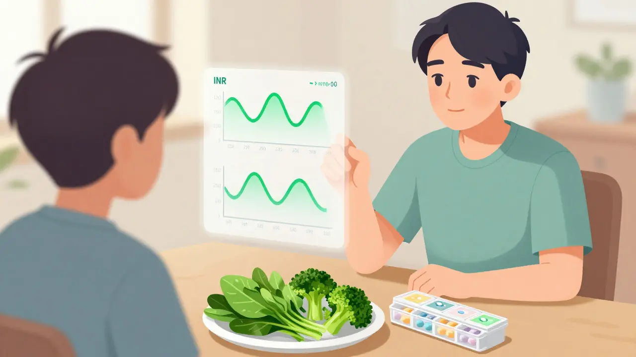 Manga style character eating leafy greens and organizing pills for stable health management