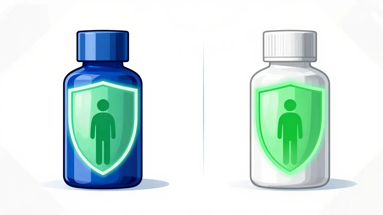 Manhua art comparing brand vs generic allergy medicine bottles