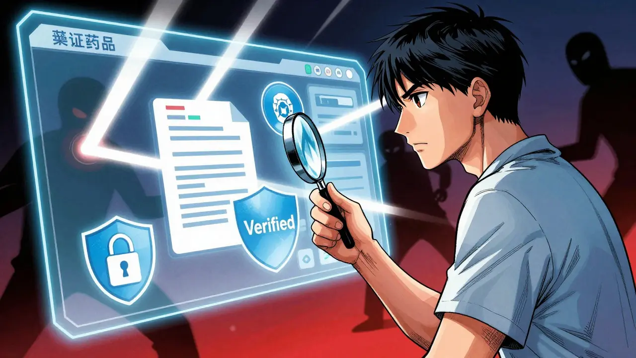 Manhua art of patient verifying safe online pharmacy with security icons and prescription