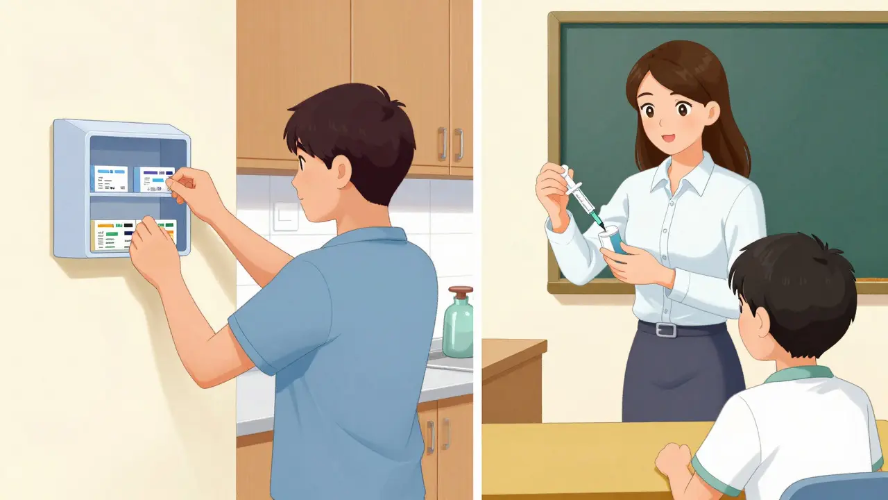 Parent locking meds away and teacher measuring liquid medicine safely