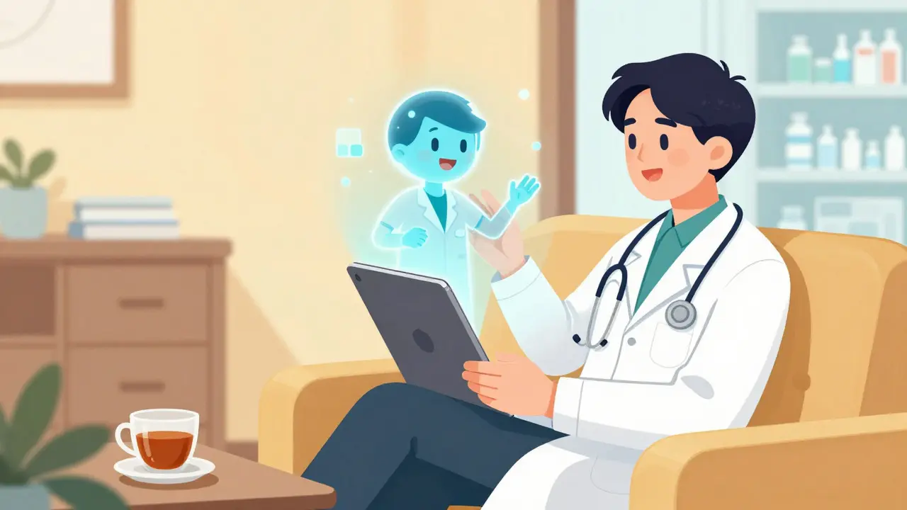Patient consulting with doctor via tablet at home