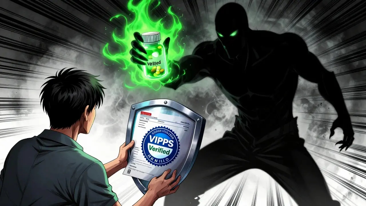 Patient shielding themselves from shadowy figure offering dangerous fake pills.