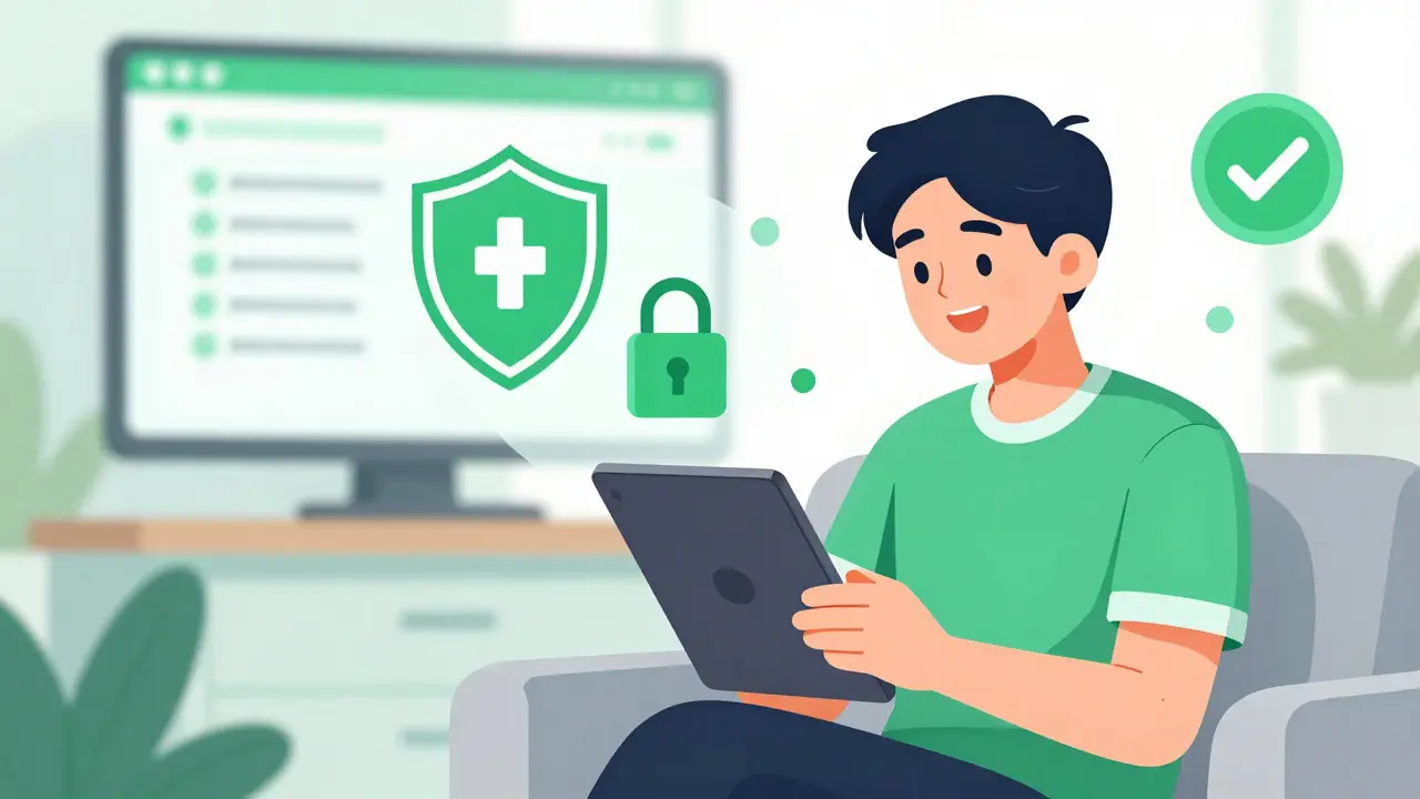 Person safely ordering meds online with security icons, manhua style