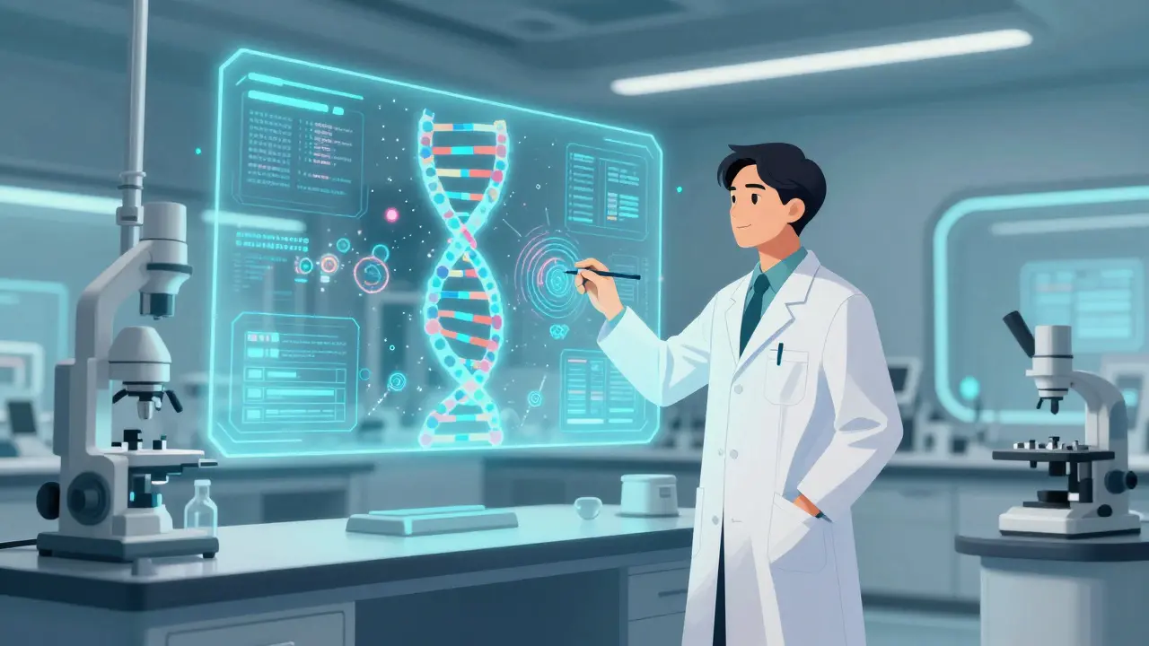 Scientist analyzing DNA data in a futuristic lab