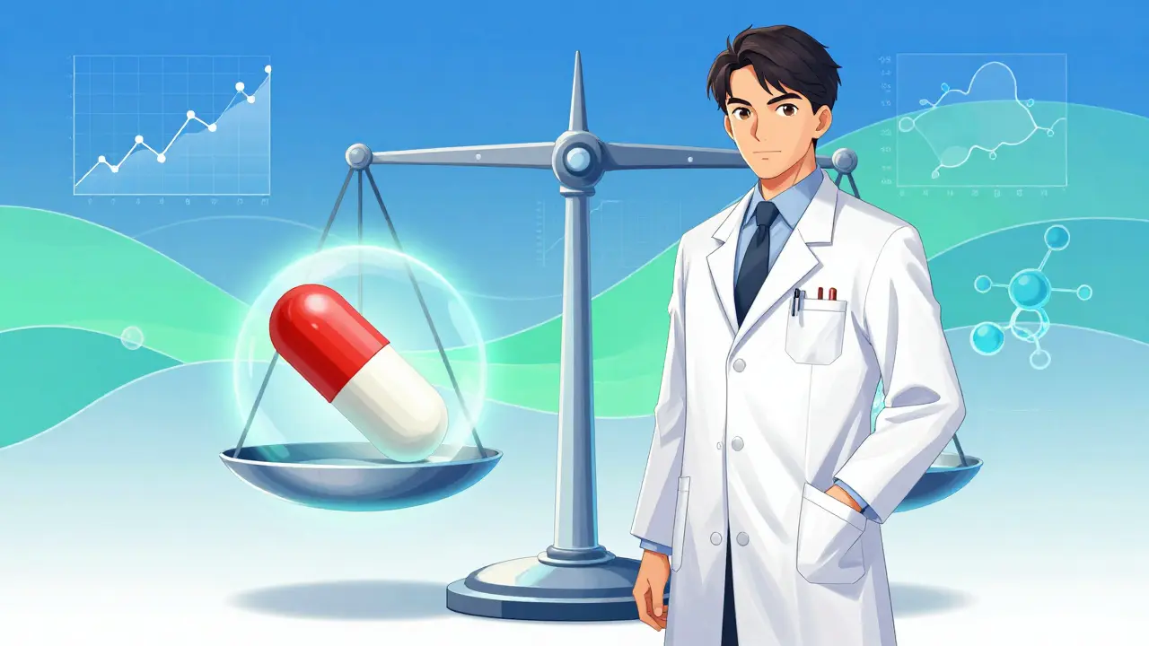 Scientist showing equal balance between brand and generic drugs