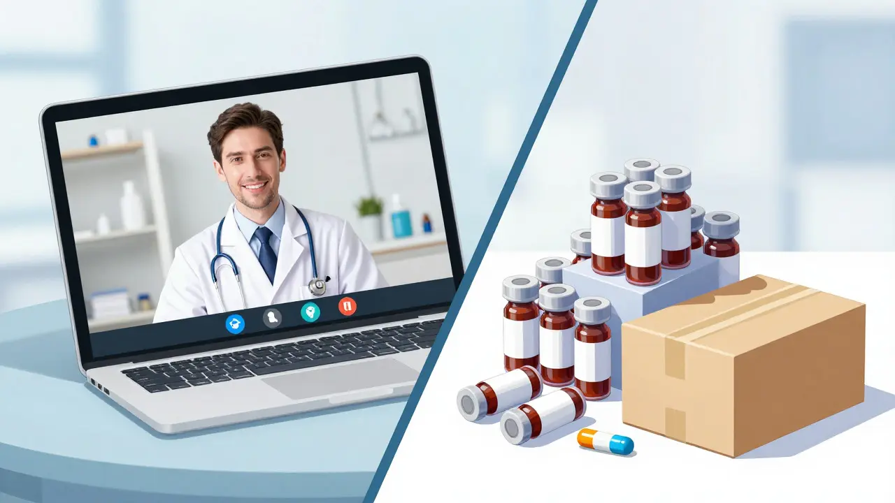 Split view showing telehealth doctor call and medication delivery