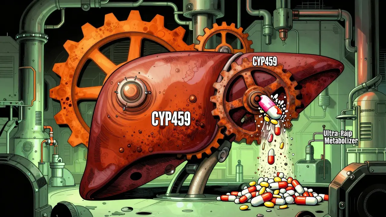 Stylized liver factory showing fast and slow enzyme gears processing drugs