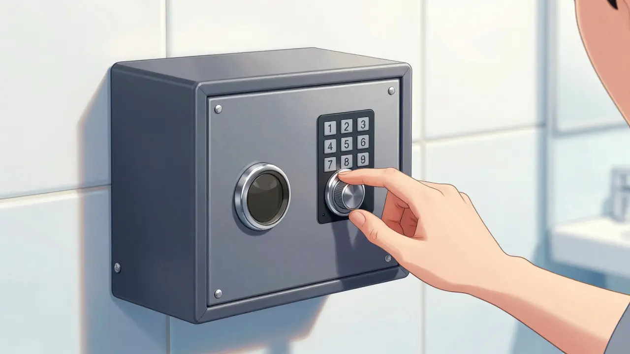 A secure digital lockbox mounted high on a wall with an adult entering a code