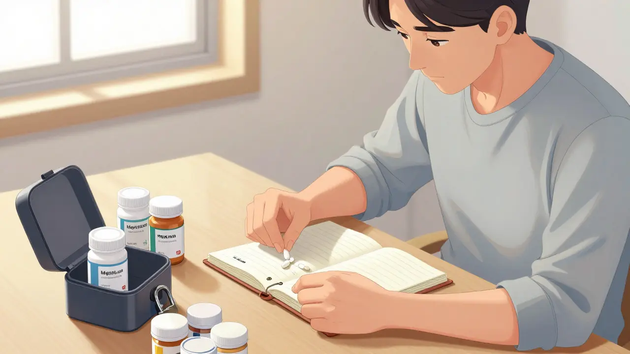 An adult organizing medications and logging pill counts in a notebook