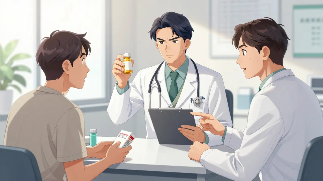 Doctor advising a patient to stop garlic supplements before surgery in a clinic