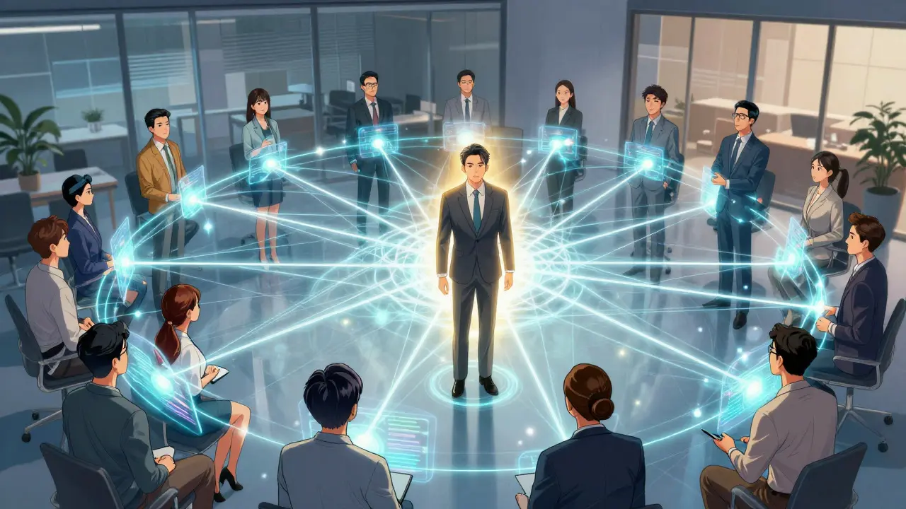 Glowing network of connections showing influence spreading in an office