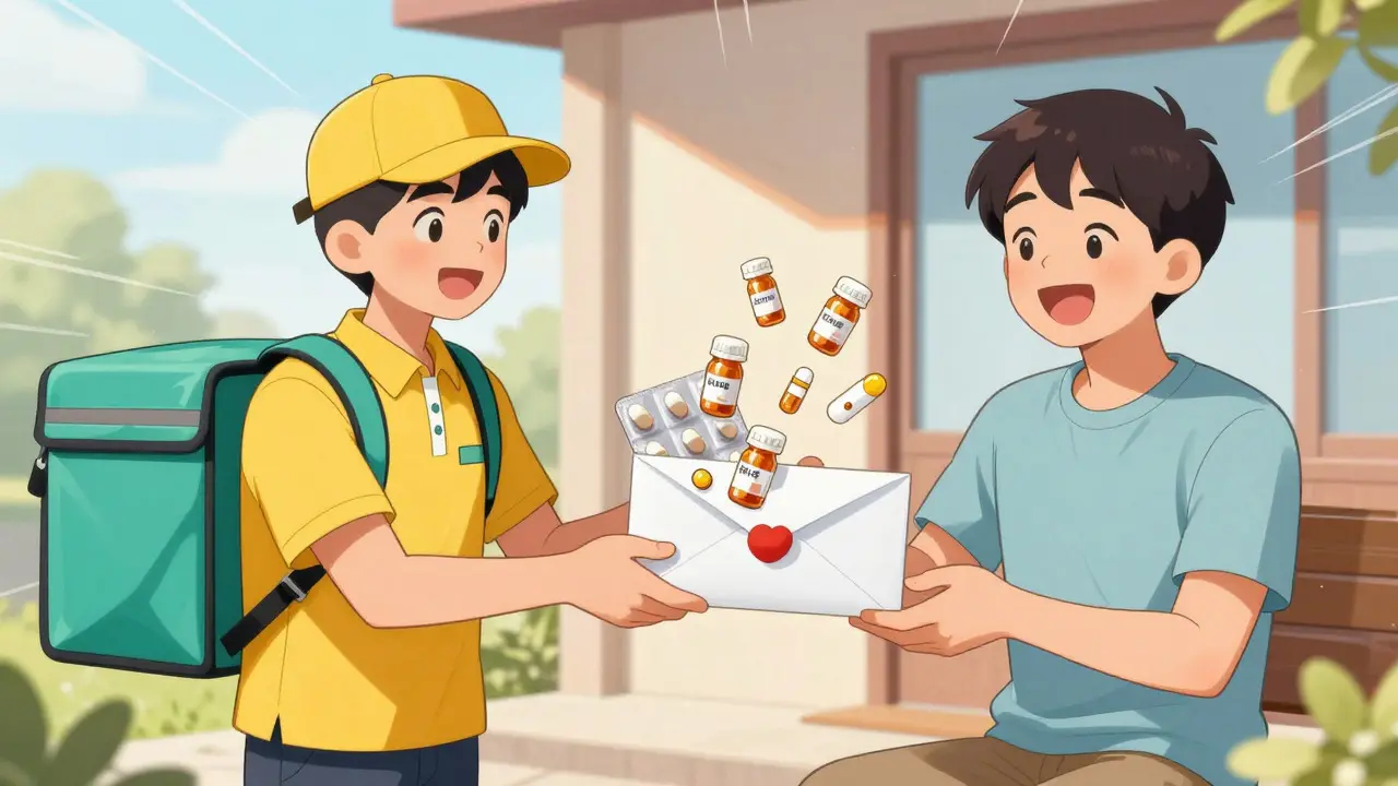 Happy patient receiving delivered medication package in manhua style