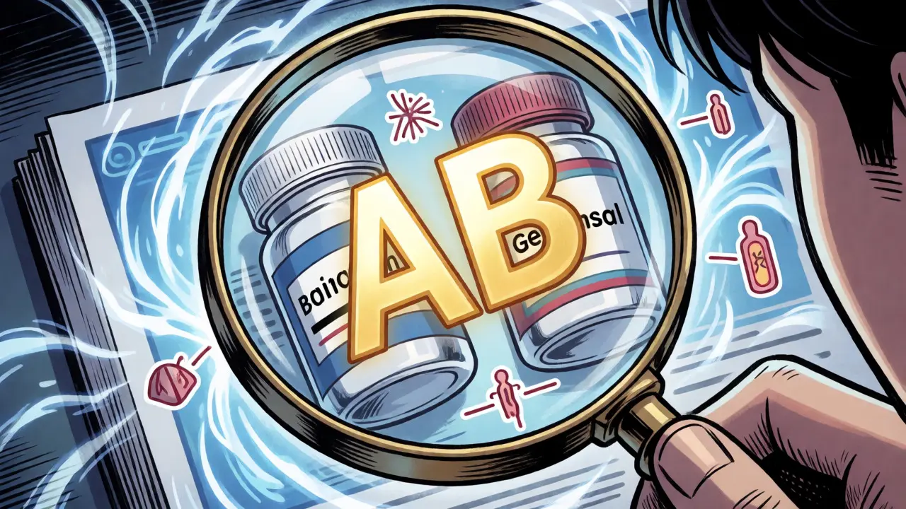 Magnifying glass showing AB code between brand and generic pills