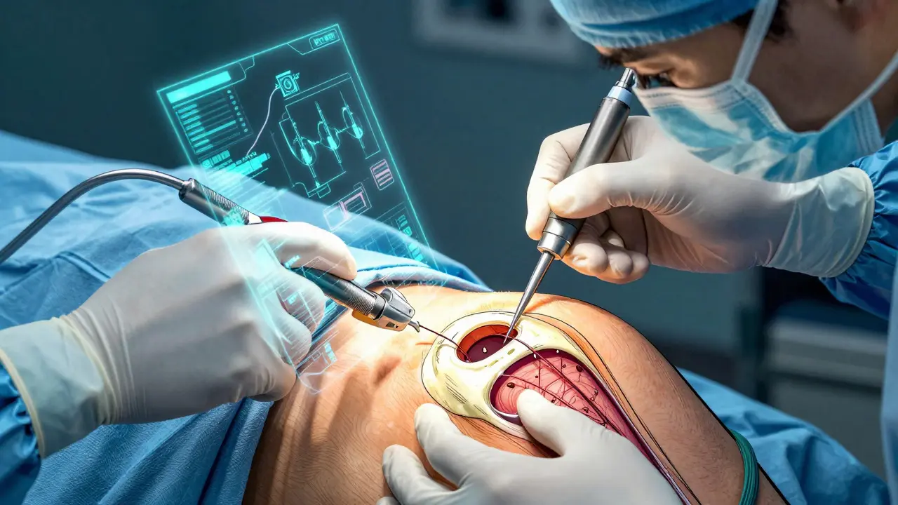 Manga style illustration of arthroscopic surgery repairing a torn shoulder tendon