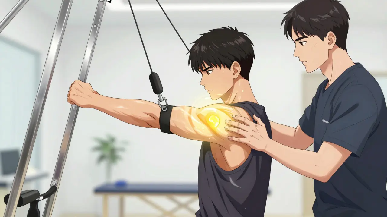 Manhua art of physical therapy session for shoulder rehab with glowing healing effects