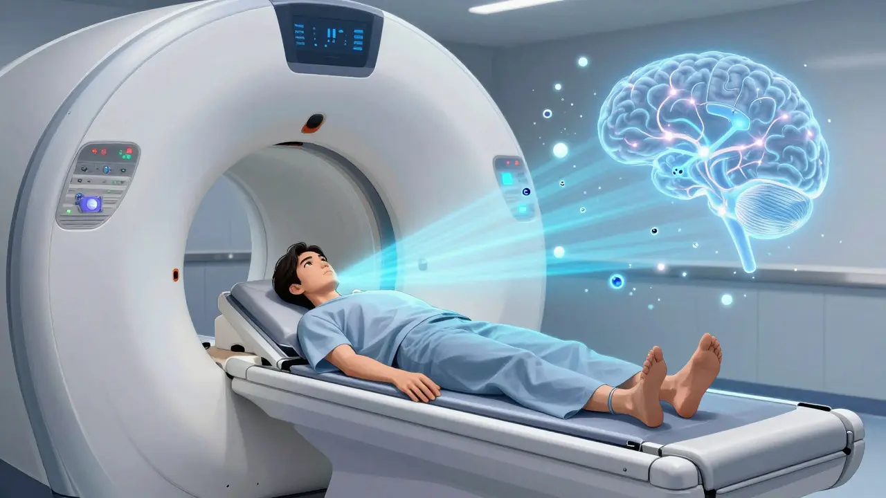 Patient undergoing PET-MRI scan with glowing cellular visualization
