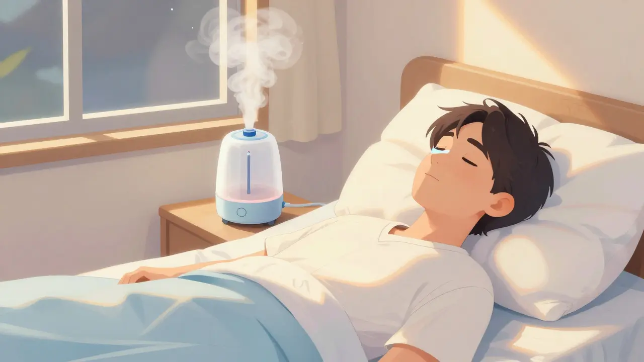 Person sleeping peacefully with humidifier in Manhua style