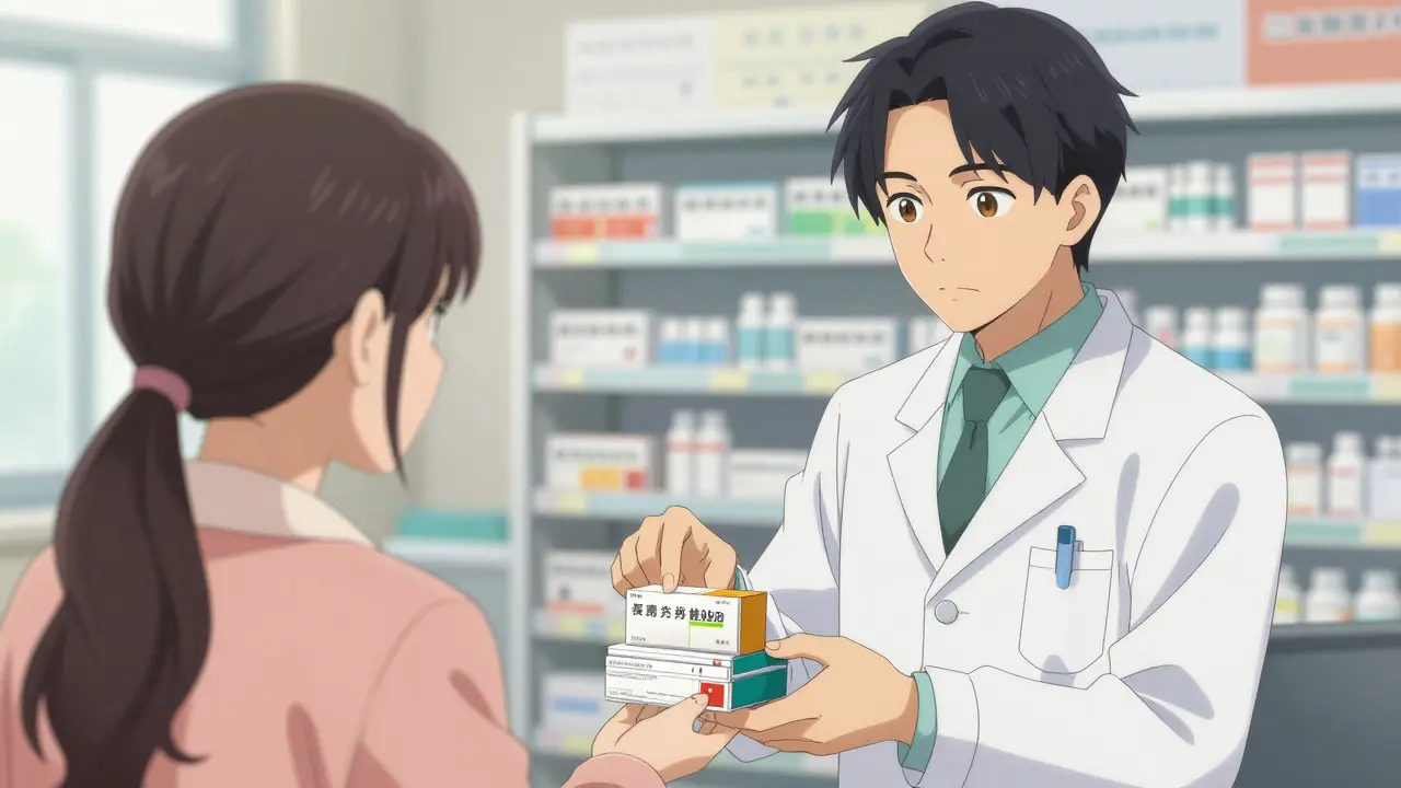 Pharmacist advising a patient on medication usage in a bright clinic setting
