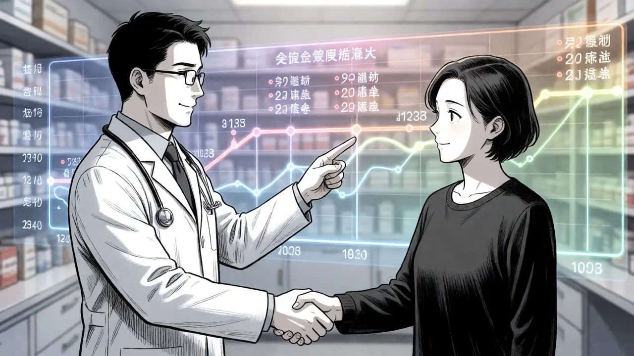Pharmacist explaining patent timelines to patient in anime style